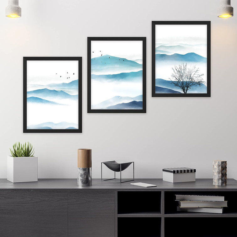 IDEA4WALL Framed Watercolor Mountain Range Wall Art Set Of 3 Blue Pastel Tree Wall Decor Prints Nature Wilderness Wall D cor For Living Room